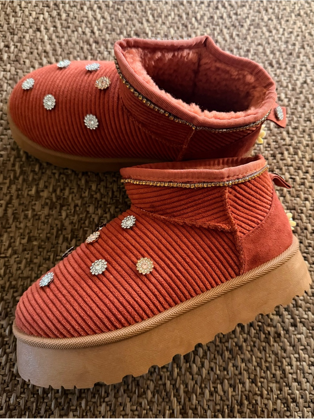 Women’s Size 7 Rust Corduroy Winter Slip-On Boots with Hand Embellishments